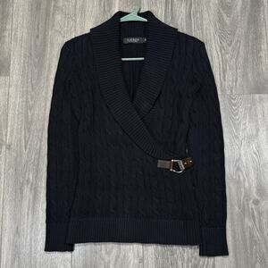 Lauren Ralph Lauren Donanto Cardigan Womens Size XS Navy Cable Knit Shawl Buckle